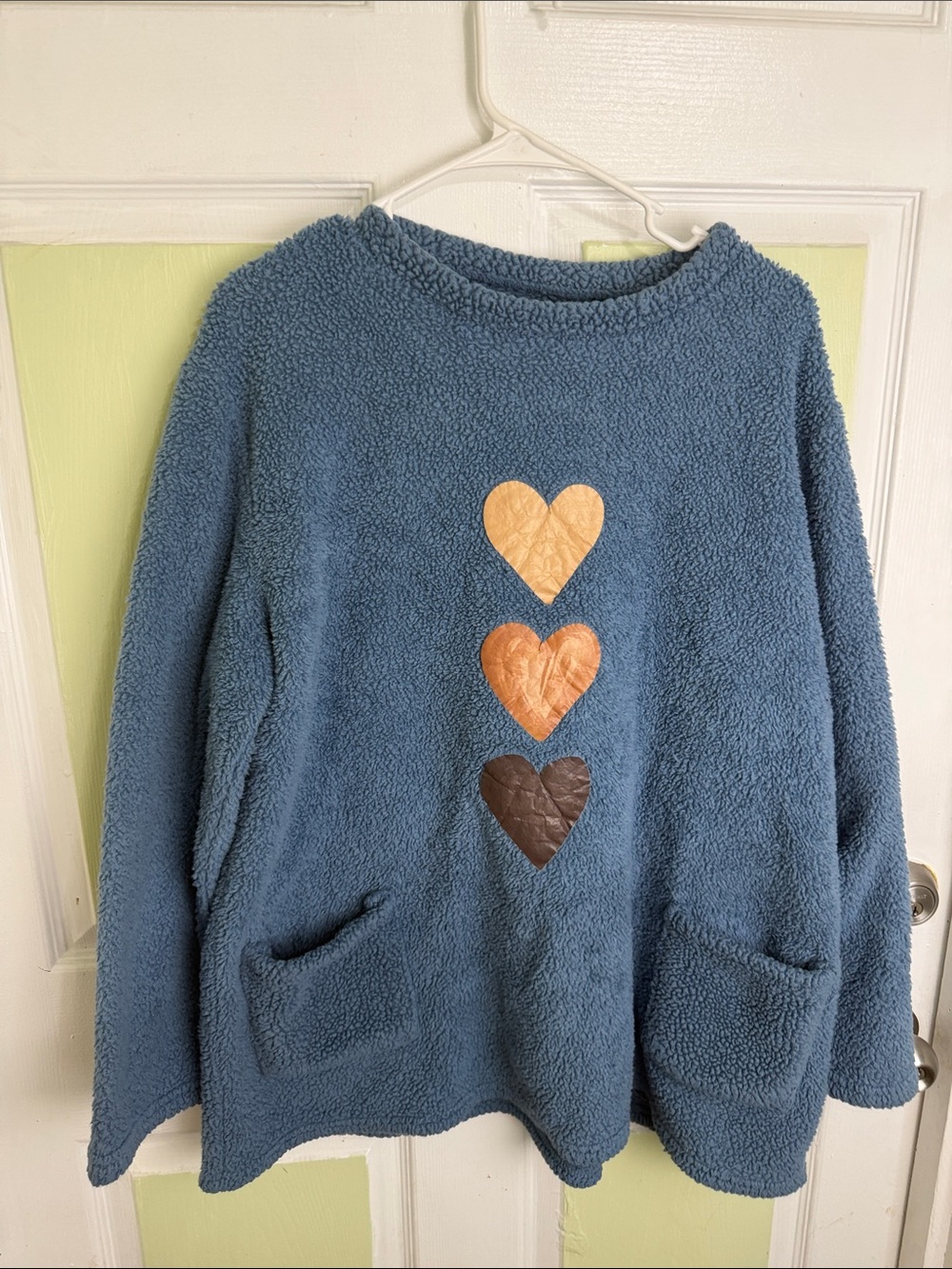 Cozy Blue Sherpa Pullover Sweater with Heart Appliqués